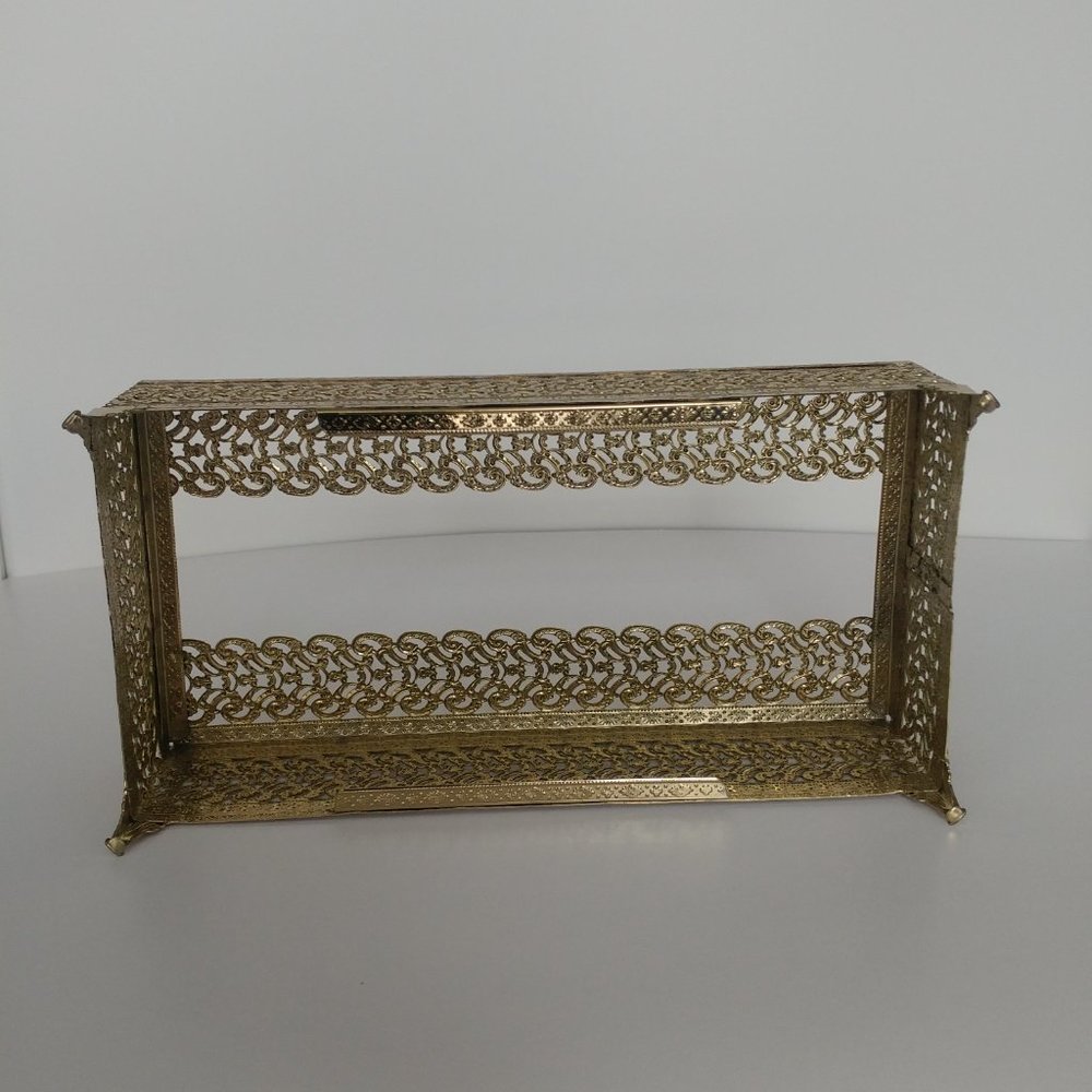 Vintage Brass Tone Filagree Tissue Box Holder | Hollywood Regency Footed Design - Picture 5 of 7